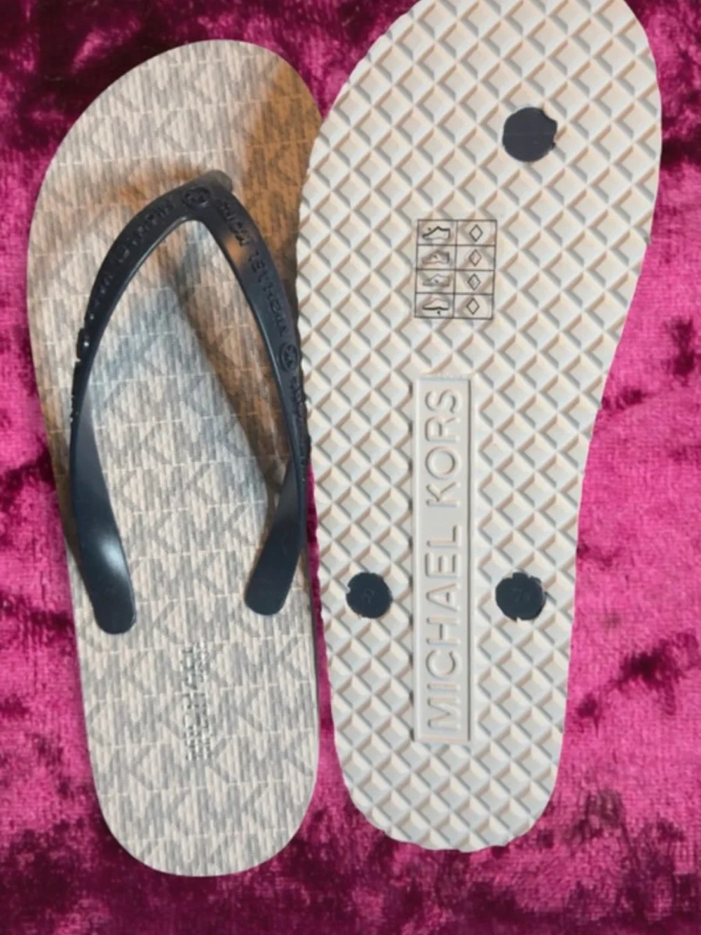 Michael Kors Beige Logo-Print Flip Flops with Black Straps